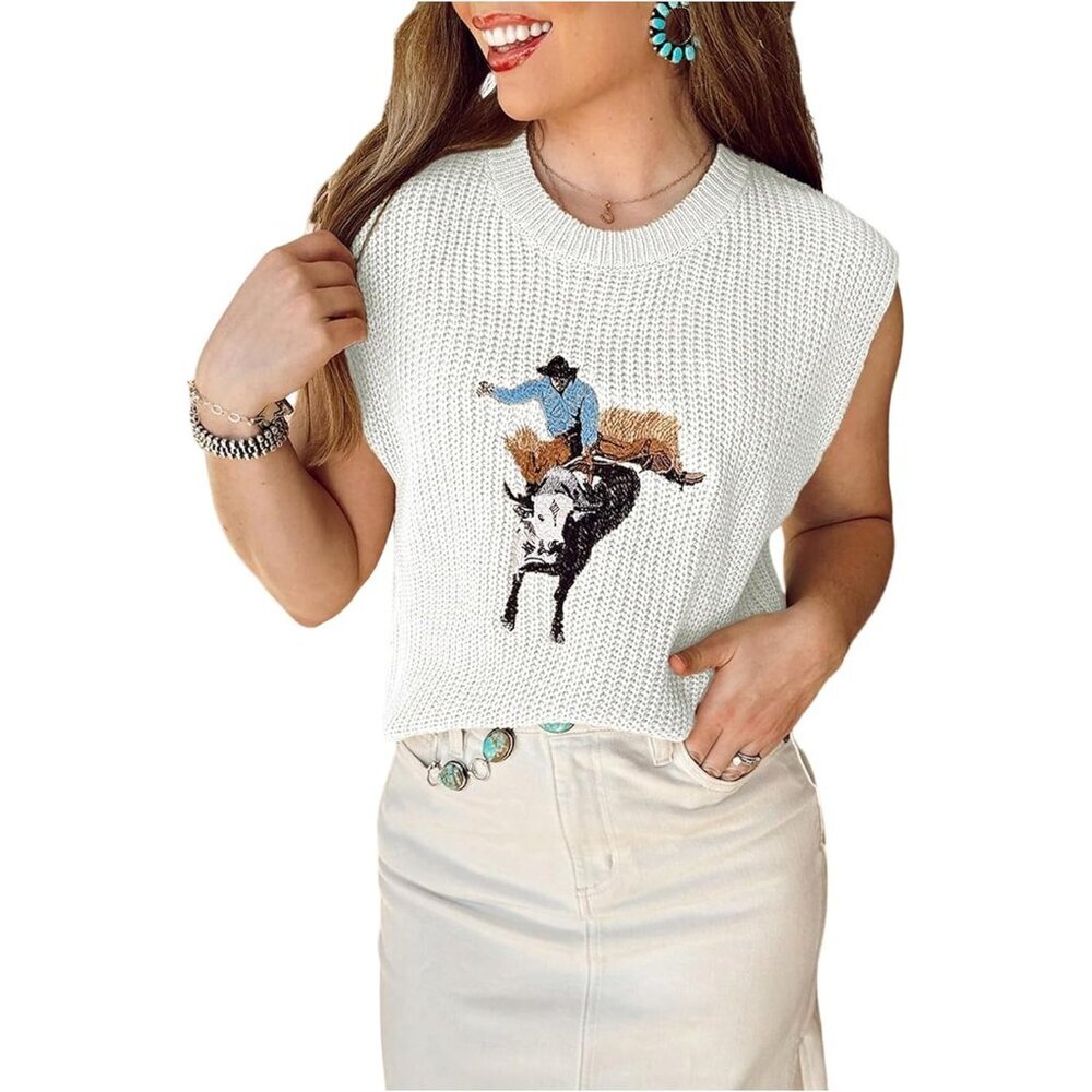 Women's White Western Embroidered Vest Crew Neck Cap Sleeve Pullover Sweater
